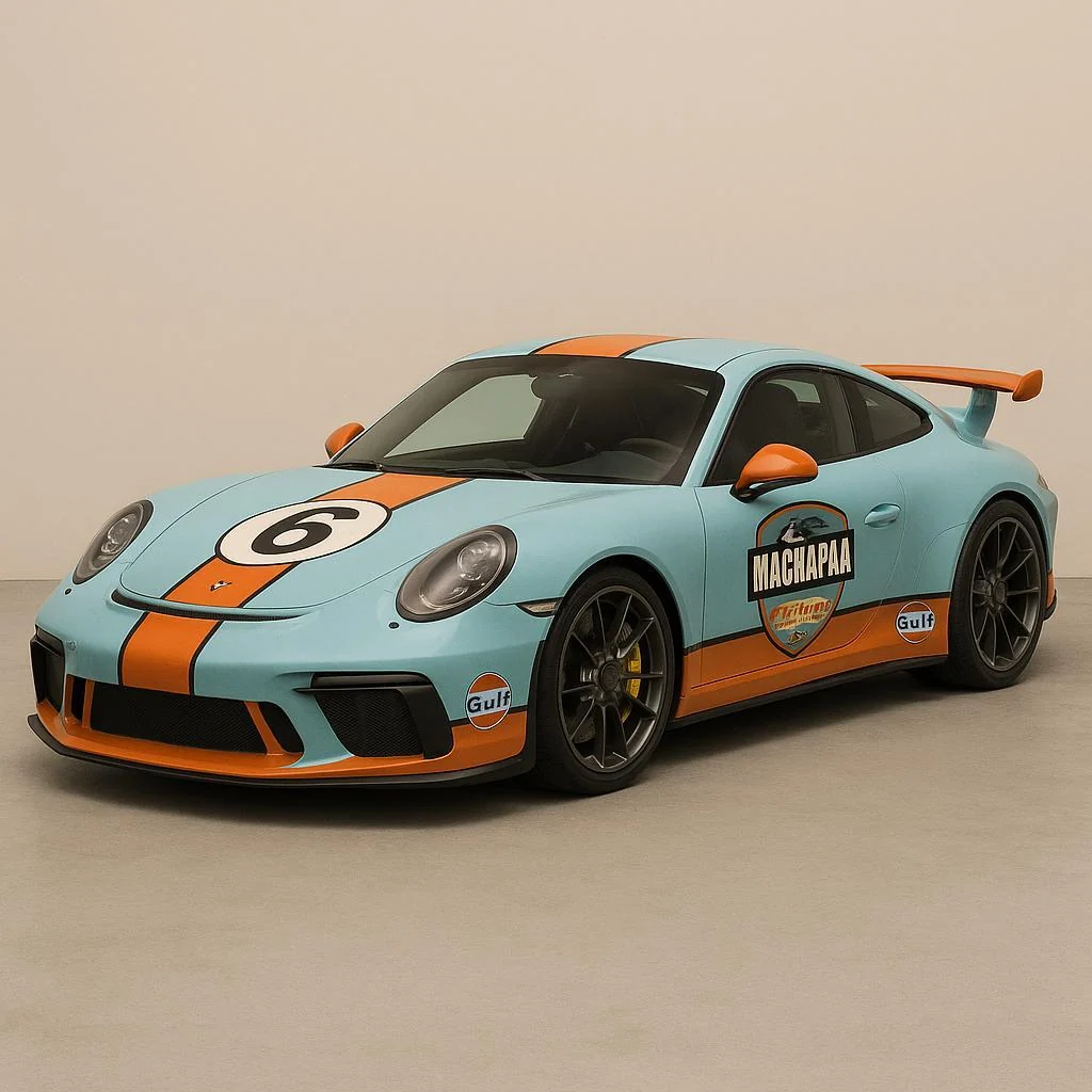 Machapaa racing themed Porsche in blue and orange